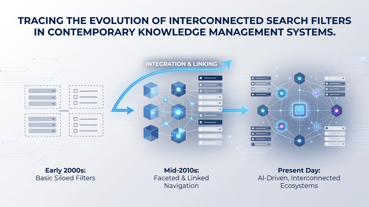 Screenshot of a modern knowledge management interface displaying interconnected search filters across multiple attribute categories
